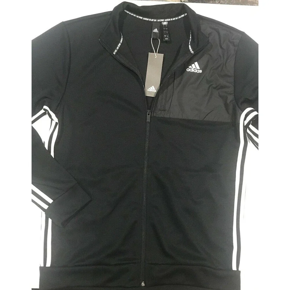 Adidas Transitional Track Jacket Zippered 3 Stripes Black Gameday Men's L